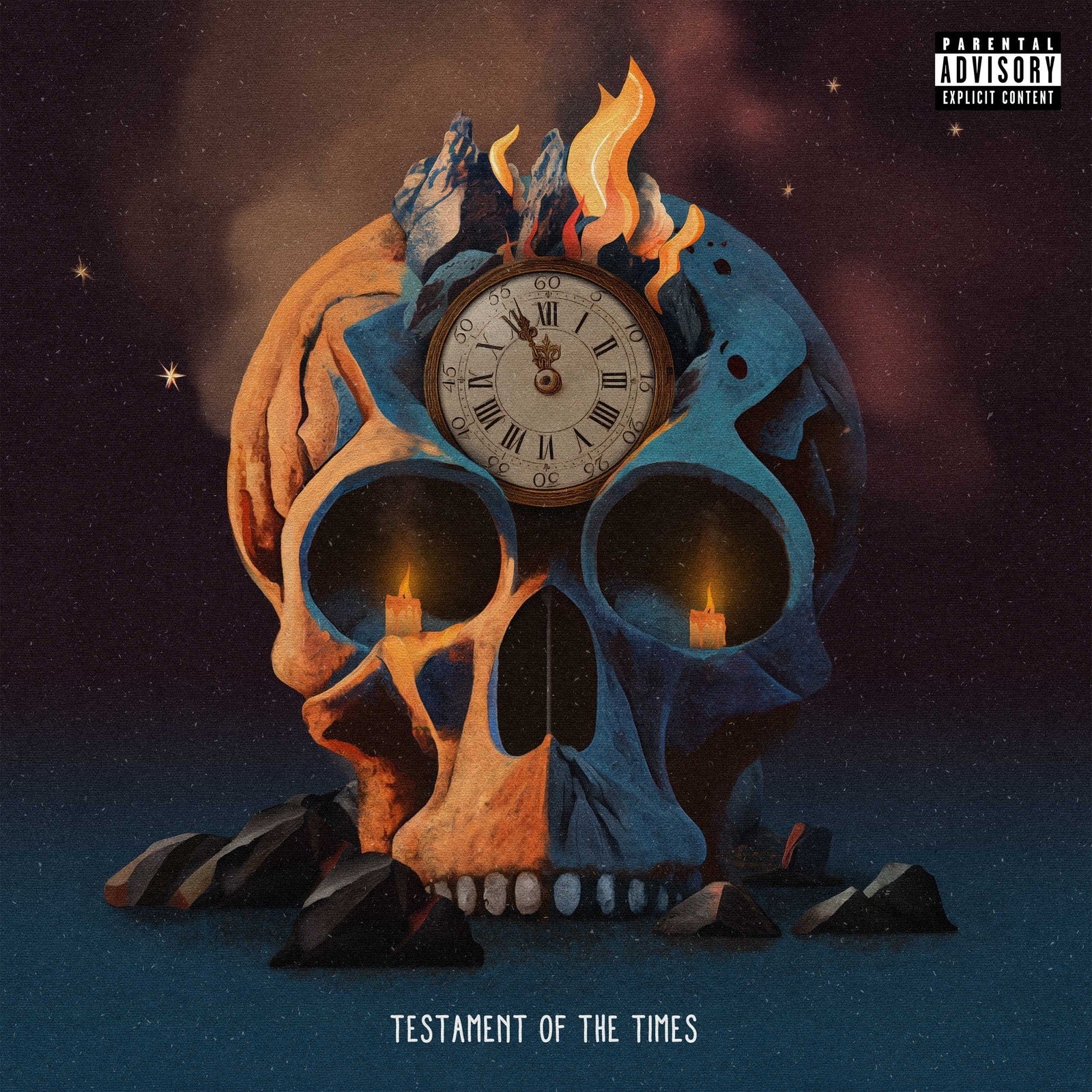 A skull with a clock face, burning candles in eye sockets, and flames on top.