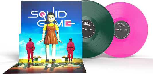 Squid Game soundtrack coloured vinyl record with character artwork.