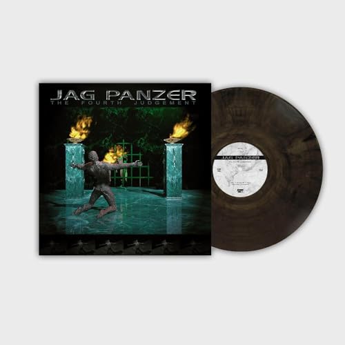 Jag Panzer The Fourth Judgement vinyl record cover and dark marbled vinyl disc.