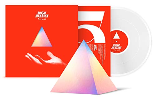 "Jaga Jazzist vinyl record with red cover, white vinyl, and holographic pyramid on a white background."