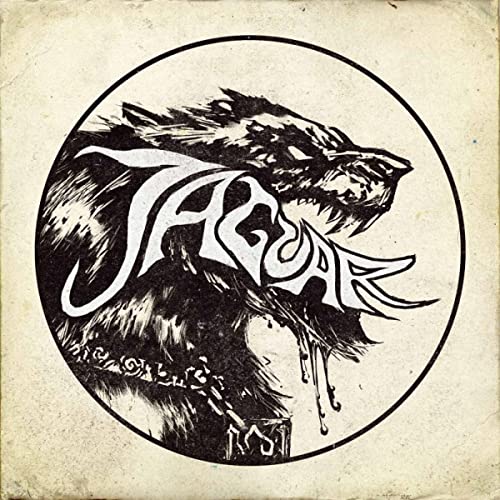 Black and white illustration of a jaguar’s head within a circle.