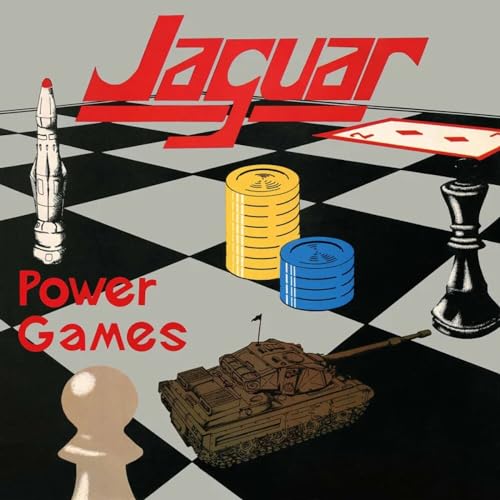 Jaguar “Power Games” CD cover with chess pieces and military vehicles.