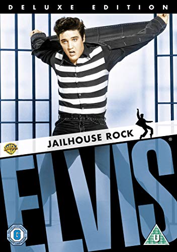 Elvis Presley in a striped shirt against a jail cell background on DVD cover.