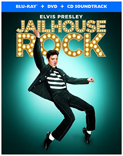 Elvis Presley dancing in a striped shirt under the Jailhouse Rock marquee title.