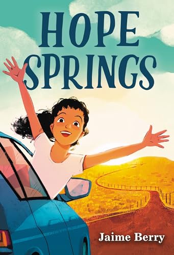 Book cover: girl with arms raised in a moving blue car.