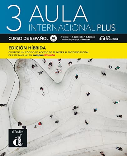 Textbook cover for Aula Internacional Plus 3 with an aerial view of a skatepark.