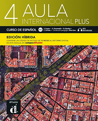 Spanish textbook cover, “Aula Internacional Plus 4,” with aerial city view.