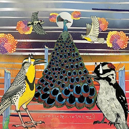Illustrated album cover featuring a central peacock surrounded by various birds against striped background.
