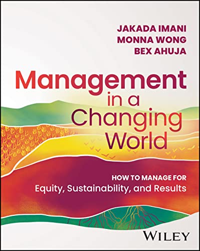 Book cover: "Management in a Changing World" with colorful layered landscape.