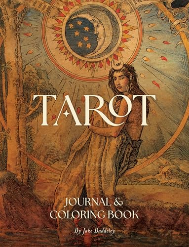Tarot journal cover with woman, moon, and sun illustration.