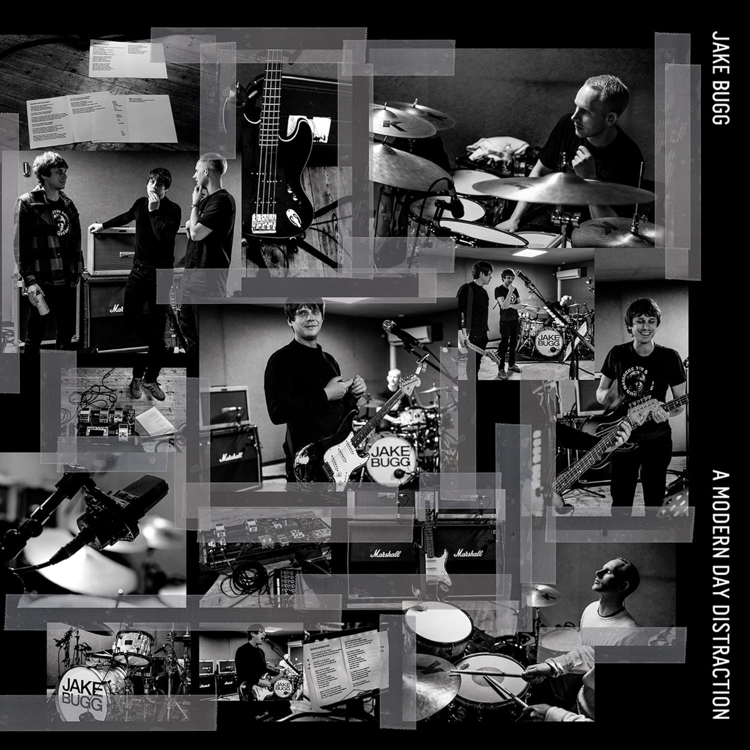 Black and white collage of Jake Bugg performing and studio scenes.