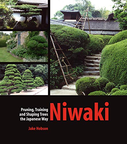Book cover showing Japanese gardens with pruned trees, stone steps, and wooden ladders.