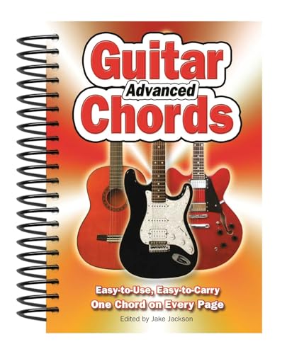 Spiral-bound book titled Advanced Guitar Chords featuring three guitars on an orange background.