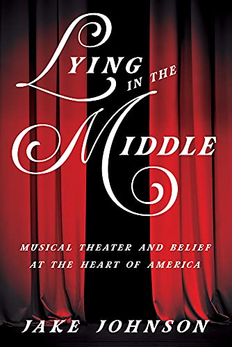 Book cover: red curtains and swirling white text, “Lying in the Middle.”