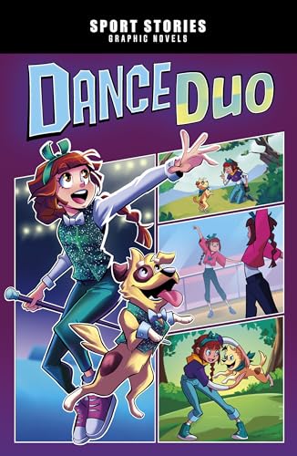 Girl and dog dancing, cover of “Dance Duo” graphic novel.