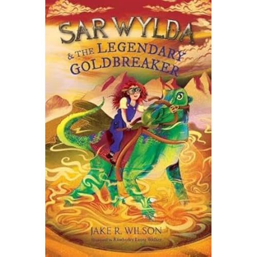Book cover featuring a girl with red hair riding a green dragon over lava.
