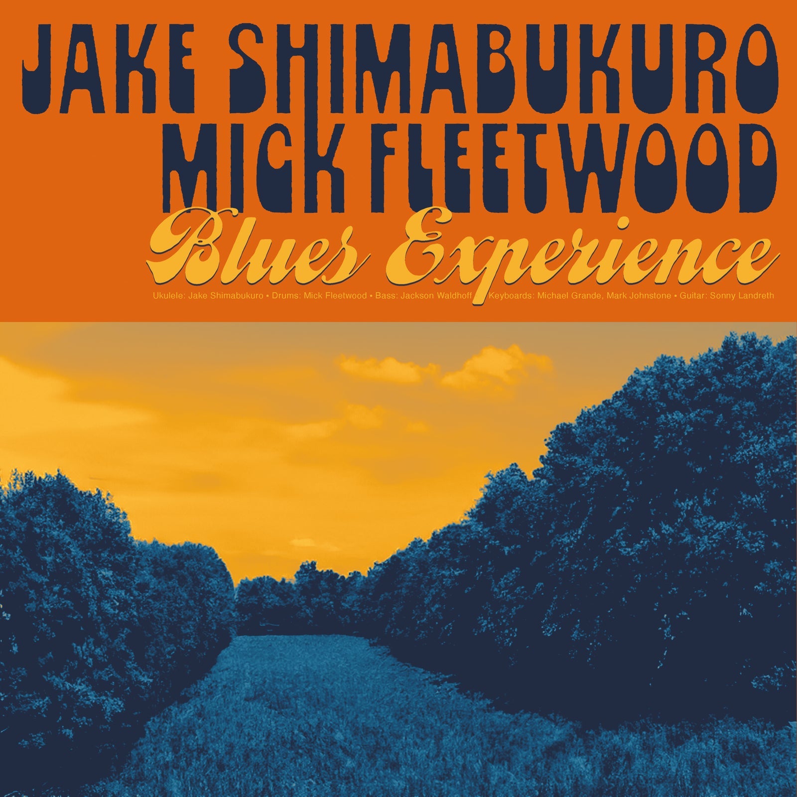 Album cover with orange sky over a dark blue field and tree-lined path.