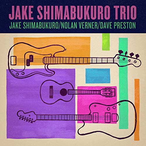 Album cover with three illustrated guitars on colorful rectangles, Jake Shimabukuro Trio.
