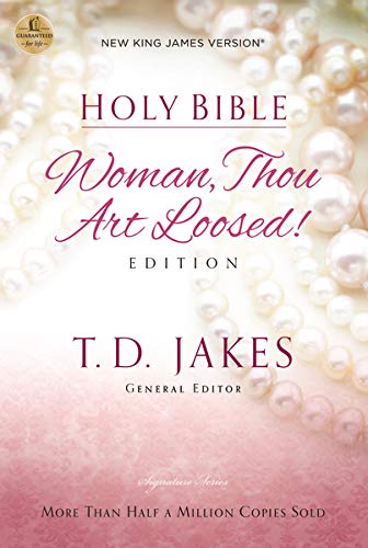 Bible cover with pearls, titled "Woman, Thou Art Loosed" in script.