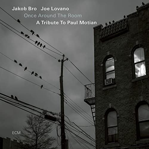 Black and white album cover with birds on wires and a building.