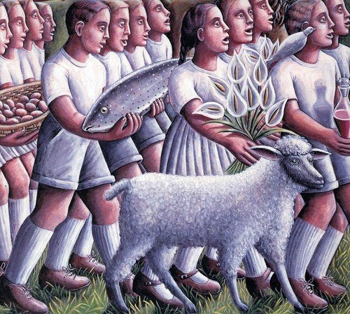 Surreal painting of people with a fish, lilies, lamb, and fruit.