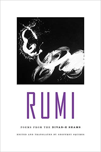 Book cover for “Rumi” with abstract white swirls on black, purple title.
