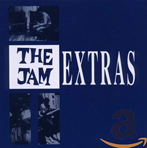 CD cover for The Jam’s “Extras” album, blue background with band photos.