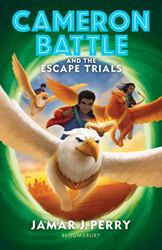 Book cover showing three children riding winged griffin creatures against a swirling green background.