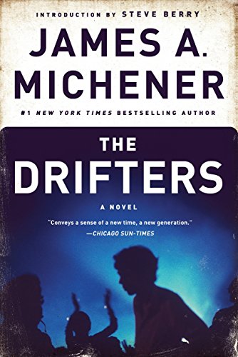 Book cover of The Drifters by James A. Michener with silhouettes of people against blue.