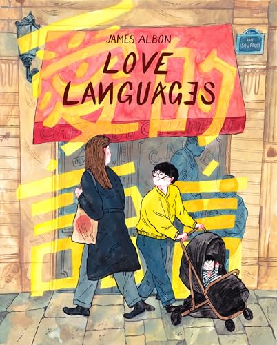 Book cover with illustration of a family walking past a cafe.