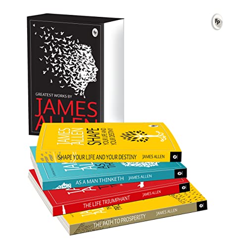 A boxed set of four James Allen books stacked with a black upright case.