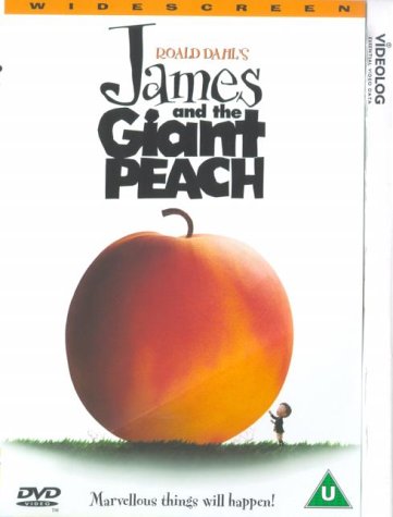 DVD cover for Roald Dahl's James and the Giant Peach featuring a large peach.