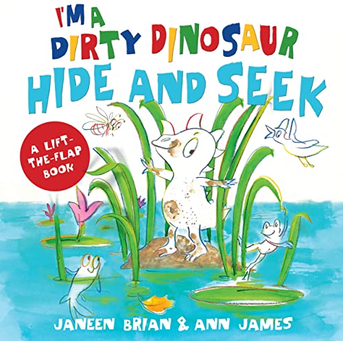 Children's book cover with a muddy dinosaur hiding in tall grass.