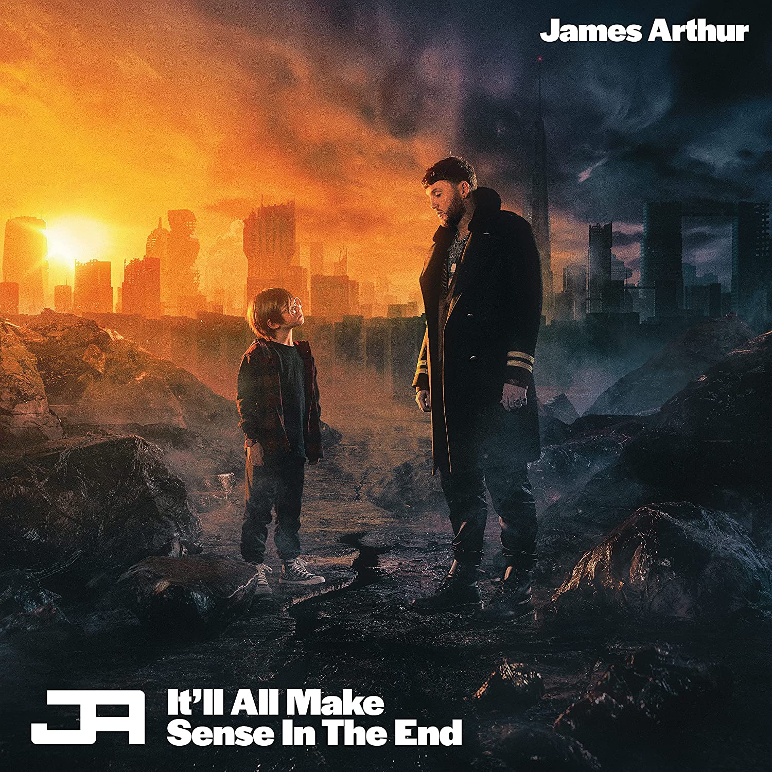 Man and child stand amidst rubble with cityscape and orange sky in background.