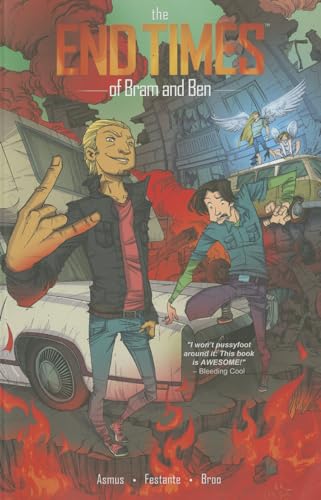 Comic book cover featuring two men standing before a car amidst a fiery apocalypse.