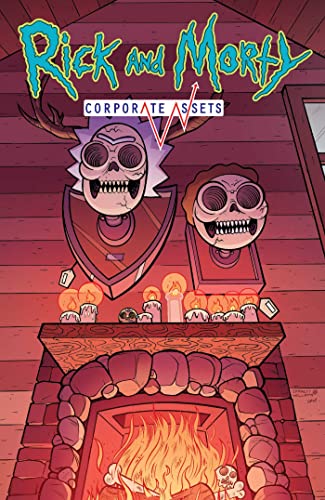 Rick and Morty comic cover featuring skeletal figures and a fireplace.