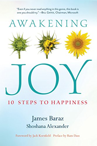 Book cover with sunflowers and teal text: "Awakening Joy: 10 Steps to Happiness.