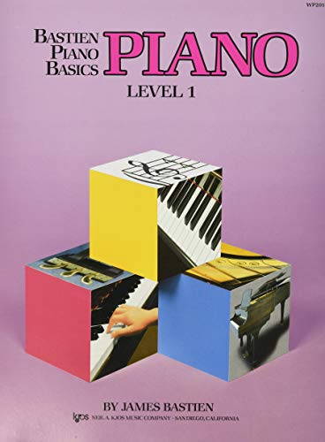 Bastien Piano Basics Level 1 book cover featuring three cubes with piano imagery.