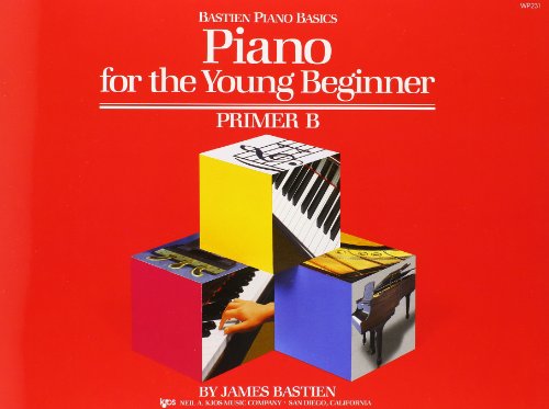 Red piano book cover with colorful cubes displaying piano keys and images.