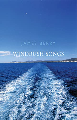 Book cover: "Windrush Songs" with ocean view and boat wake.
