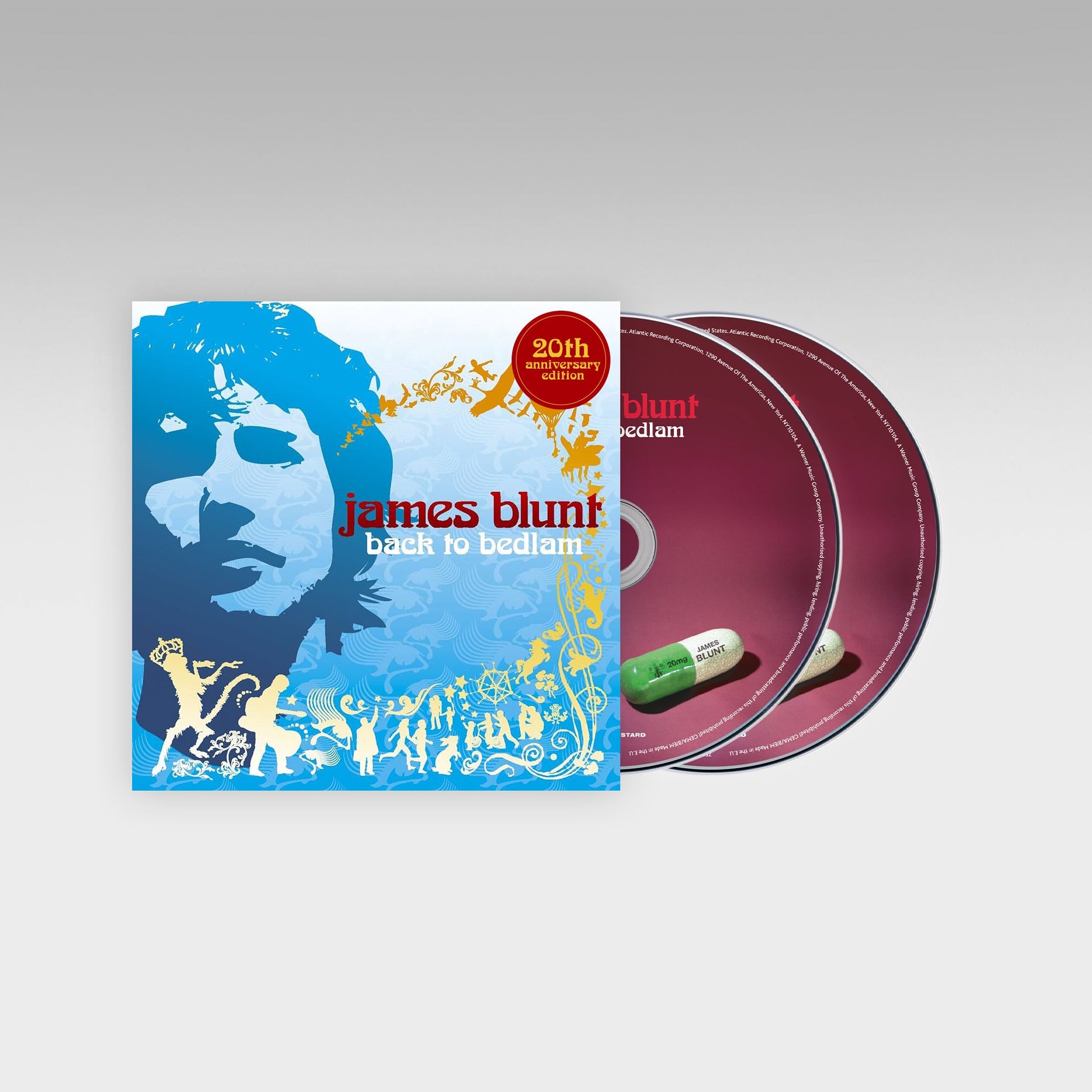 James Blunt's "Back to Bedlam" CD cover with blue and gold artwork.