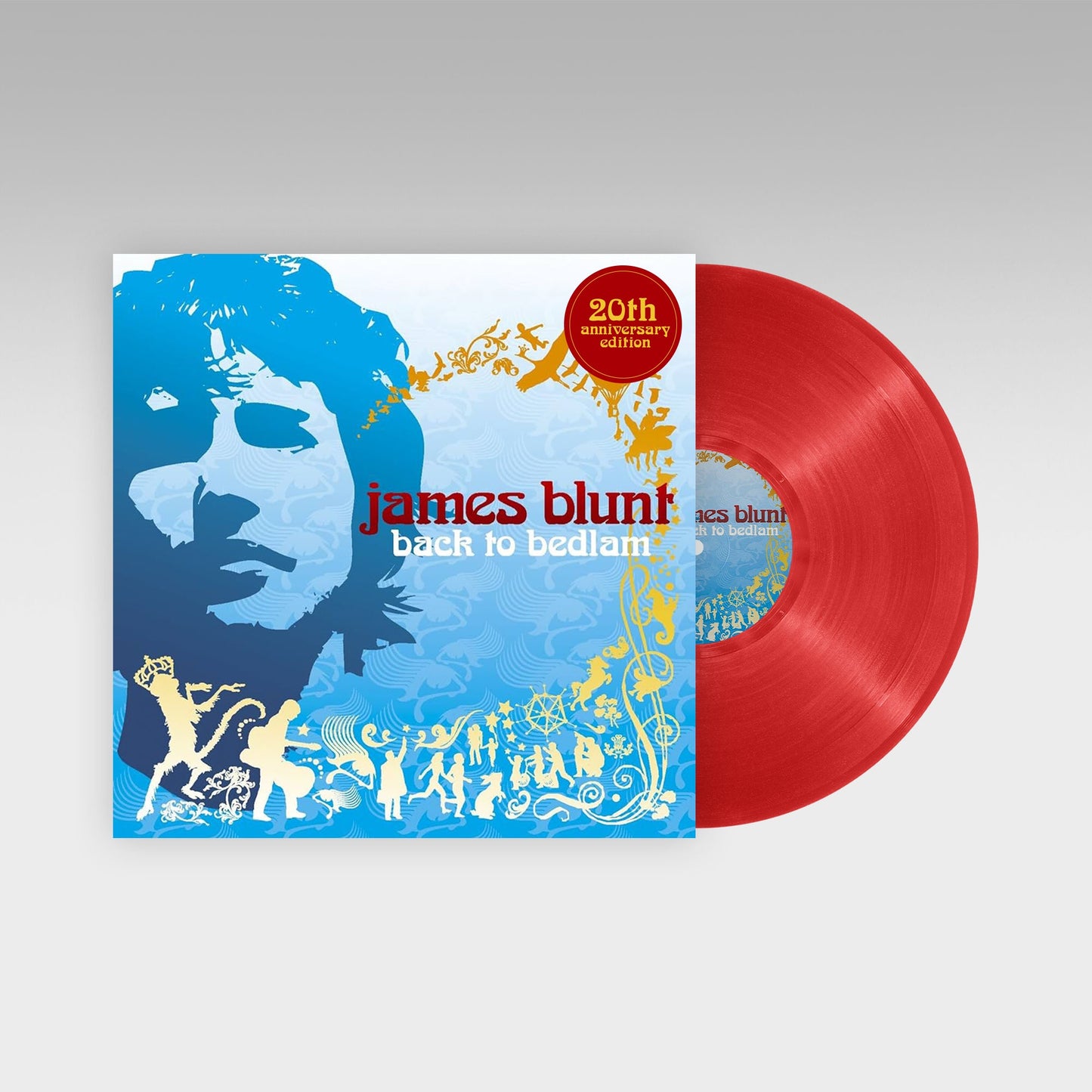 James Blunt's "Back To Bedlam" vinyl record with red disc and blue cover.