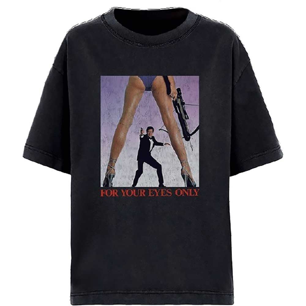 Black t-shirt with “For Your Eyes Only” movie poster graphic.