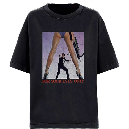 Black t-shirt with “For Your Eyes Only” movie poster graphic.
