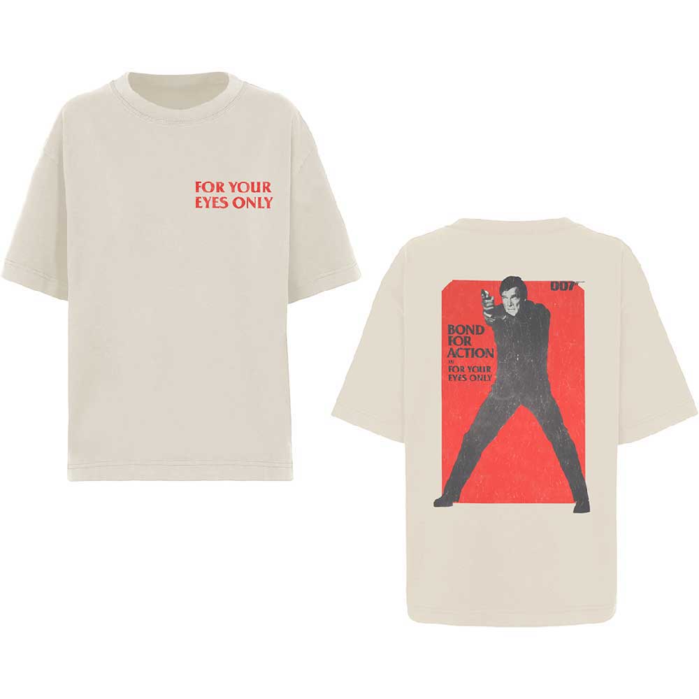 Beige t-shirt with red "For Your Eyes Only" text on the chest.