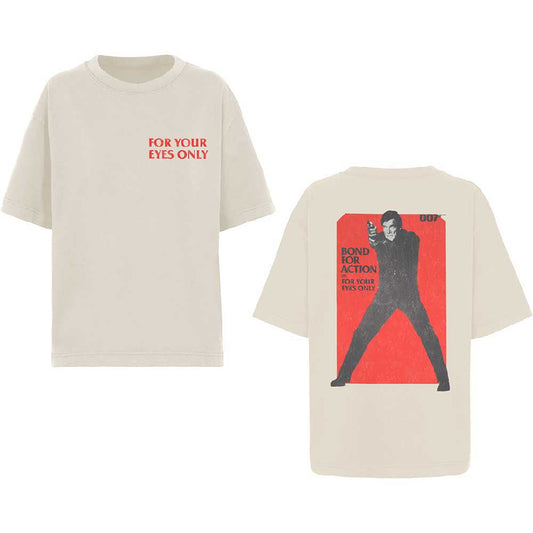 Beige t-shirt with red "For Your Eyes Only" text on the chest.