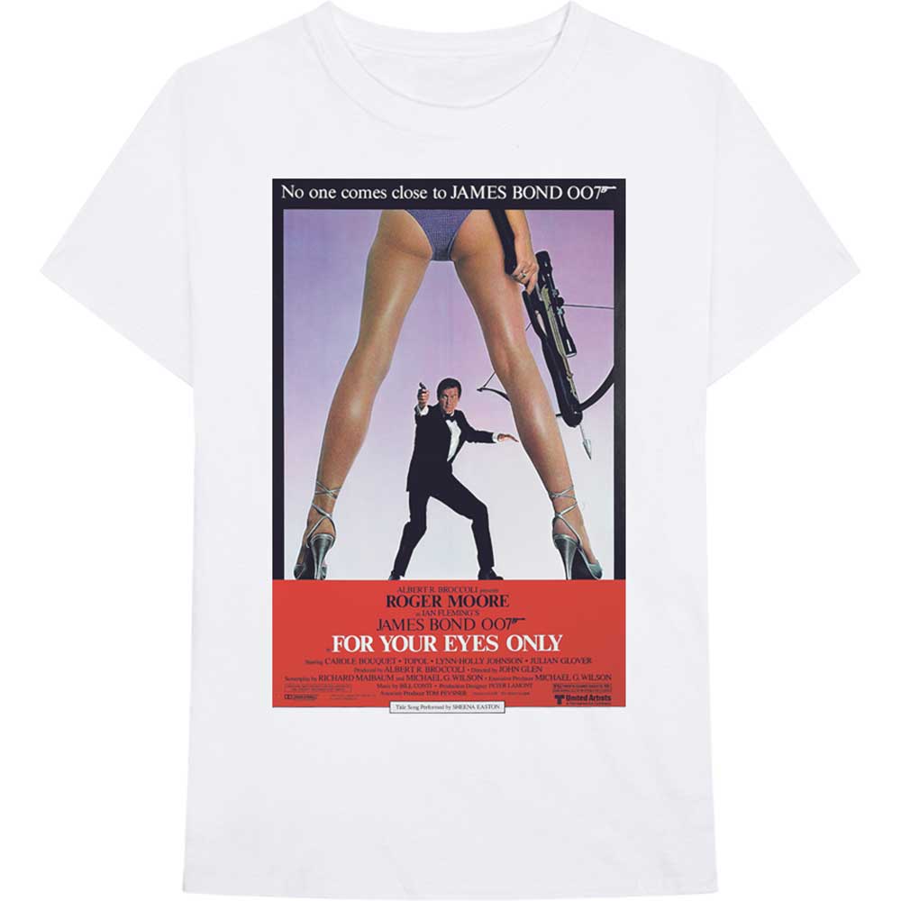 White t-shirt with a "For Your Eyes Only" James Bond movie poster print.