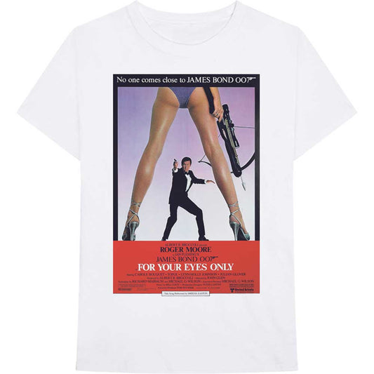 White t-shirt with a "For Your Eyes Only" James Bond movie poster print.