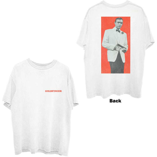 White t-shirt with "Goldfinger" text over a silhouette profile.