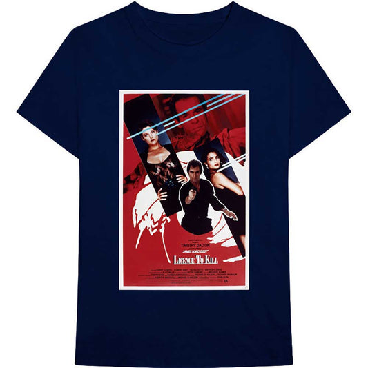 Small black t-shirt featuring a colourful “Licence To Kill” movie poster design.